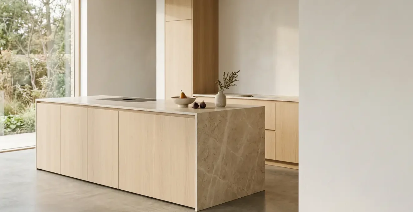 A sleek minimalist kitchen featuring concealed appliances behind seamless cabinet panels with handleless design