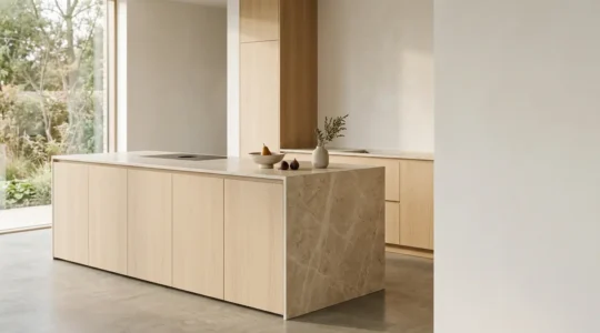 A sleek minimalist kitchen featuring concealed appliances behind seamless cabinet panels with handleless design