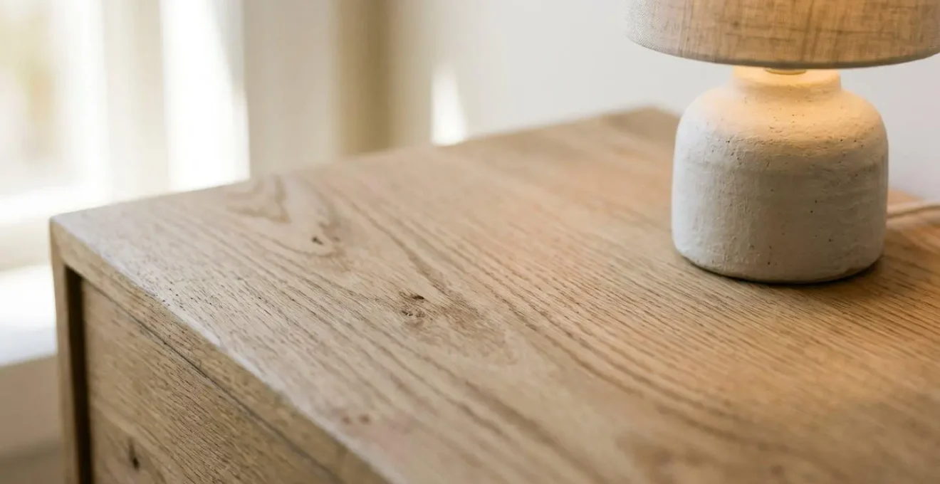 A close-up view of a minimalist Scandinavian nightstand with only essential sleep items, showcasing visual simplicity and intentional negative space