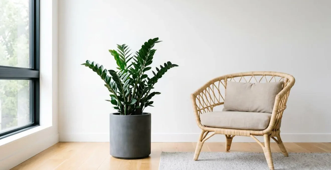 Wide shot of a ZZ plant in matte ceramic planter beside natural rattan chair in bright minimalist interior