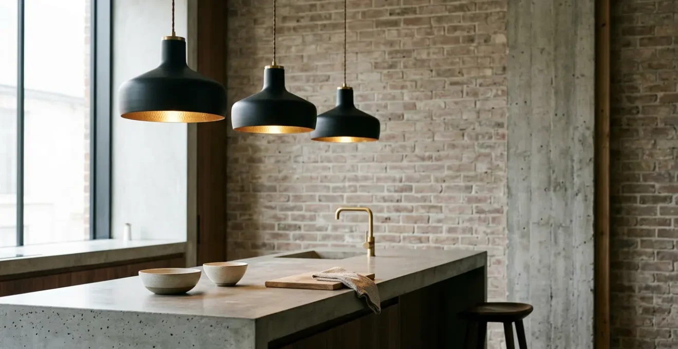 Industrial kitchen showcasing harmonious mix of matte black and brass metal lighting fixtures