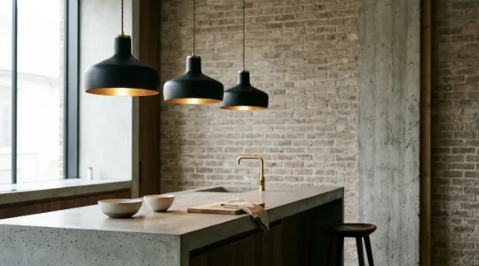 Industrial kitchen showcasing harmonious mix of matte black and brass metal lighting fixtures