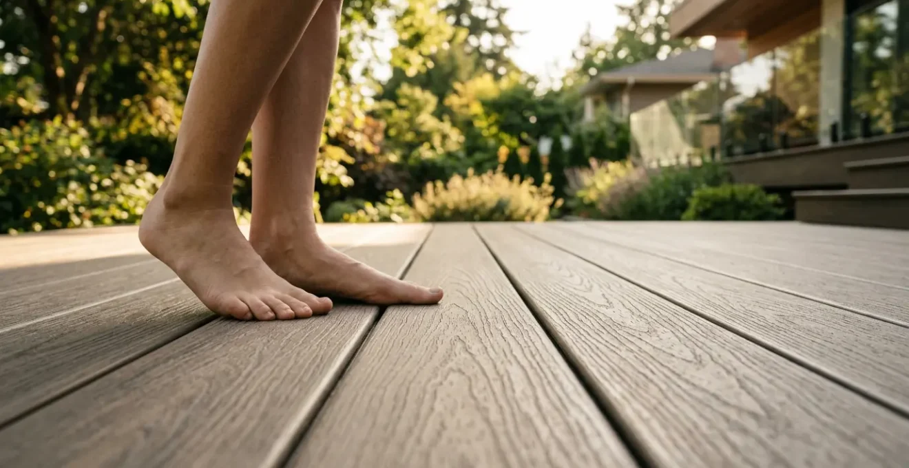 Contemporary outdoor deck with polymer boards in natural light showcasing heat-resistant surface for barefoot comfort
