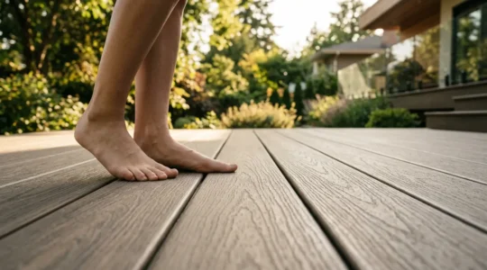 Contemporary outdoor deck with polymer boards in natural light showcasing heat-resistant surface for barefoot comfort