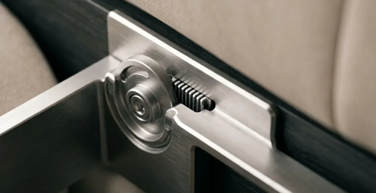 Technical detail of modular sofa metal connector mechanism showing precision engineering