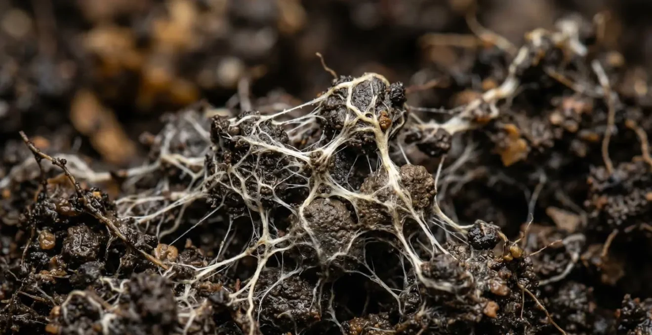 Delicate mycelial fungal threads binding clay soil particles into stable aggregates at extreme macro detail