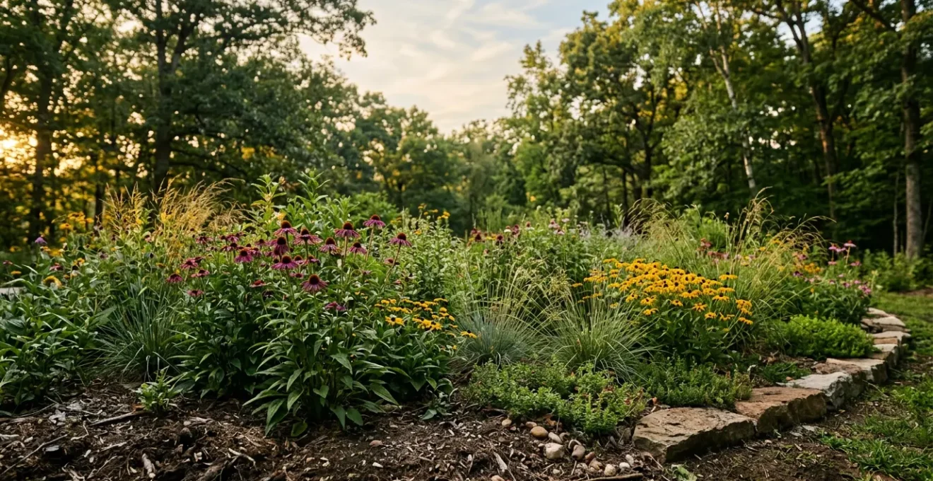 Thriving native plant garden with deep-rooted perennials and natural woodland edge