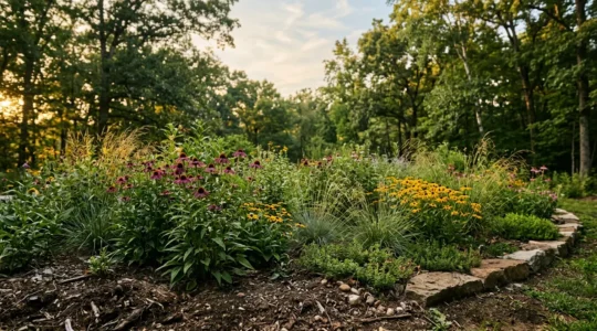 Thriving native plant garden with deep-rooted perennials and natural woodland edge