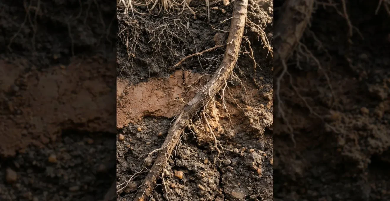 A cross-section diagram showing the stark contrast between the very shallow roots of a lawn and the incredibly deep root system of a native plant.