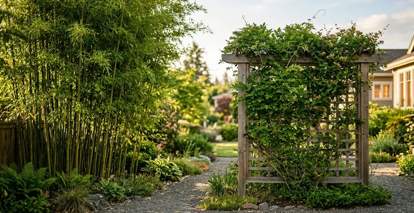 Side-by-side outdoor privacy screening comparison showing bamboo grove and vine-covered trellis in natural garden setting