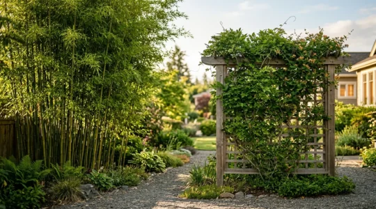 Side-by-side outdoor privacy screening comparison showing bamboo grove and vine-covered trellis in natural garden setting