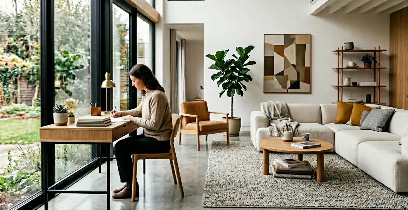 Modern open-plan living room featuring distinct work and relaxation zones without physical walls, demonstrating multi-functional space design