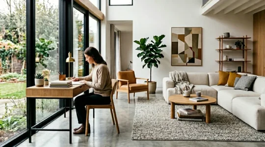 Modern open-plan living room featuring distinct work and relaxation zones without physical walls, demonstrating multi-functional space design