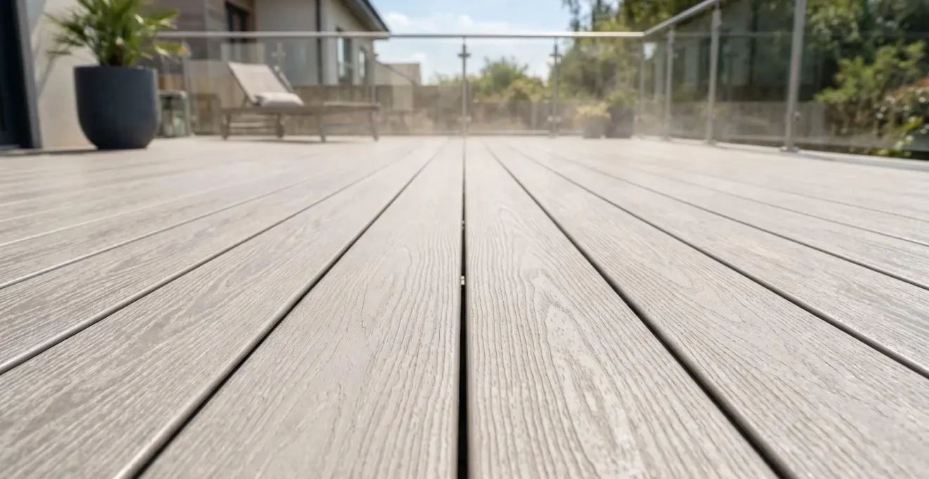 Modern outdoor deck surface in natural lighting showing heat-reflective decking material