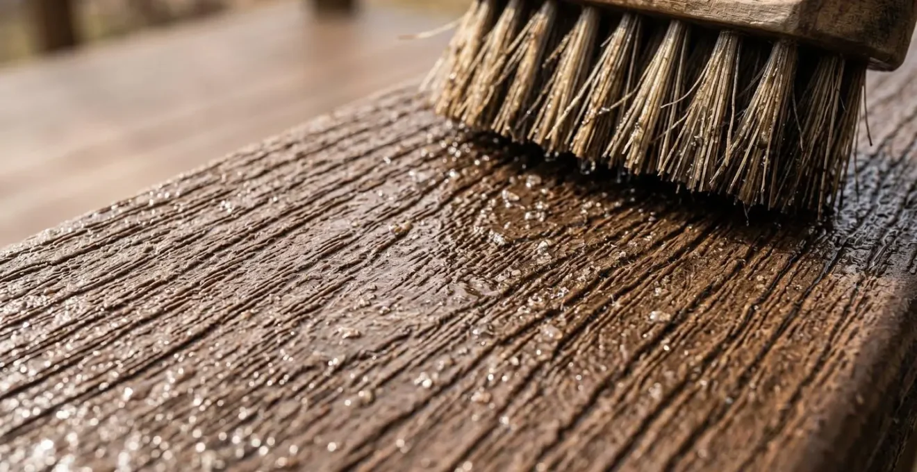 Close-up detail of cleaning brush applying oxygen-based solution to textured composite deck surface with water droplets