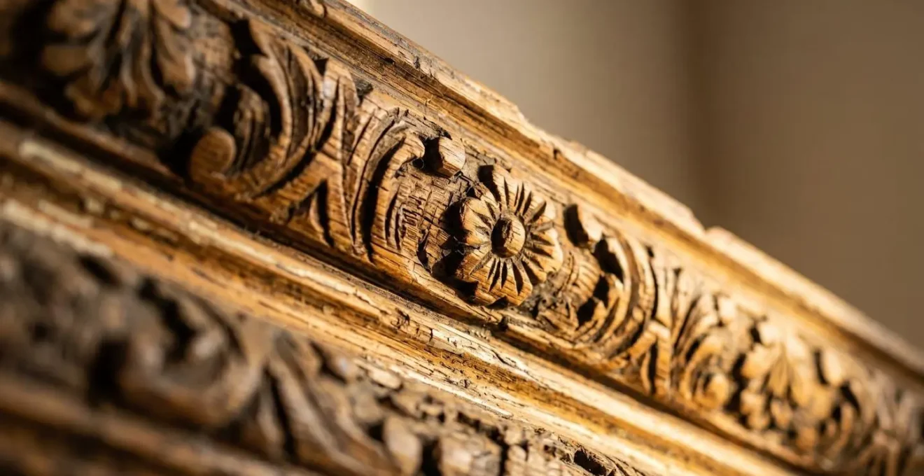 Extreme close-up of Victorian crown molding detail showing hand-carved texture and material quality
