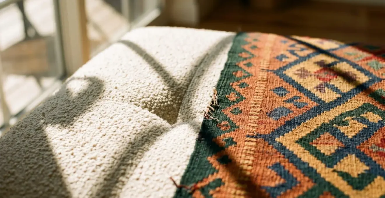 Close-up of nubby boucle sofa fabric against vibrant geometric kilim rug showing textural contrast and color bridge