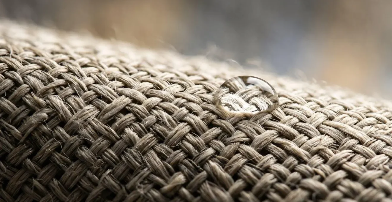 Extreme close-up of high-performance fabric texture showing tight weave and water-repellent properties