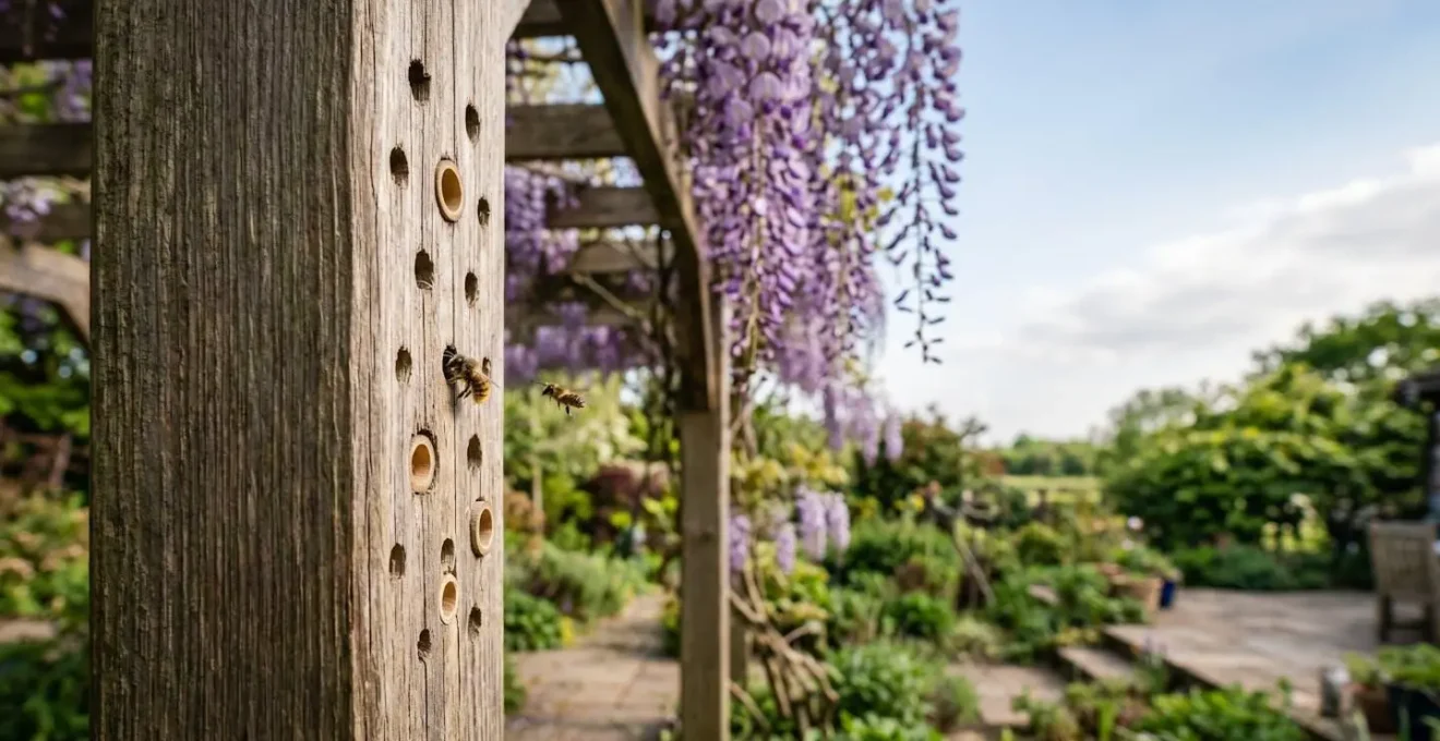 Wide environmental shot of pergola post with integrated native bee nesting tubes and wisteria blooms creating pollinator habitat