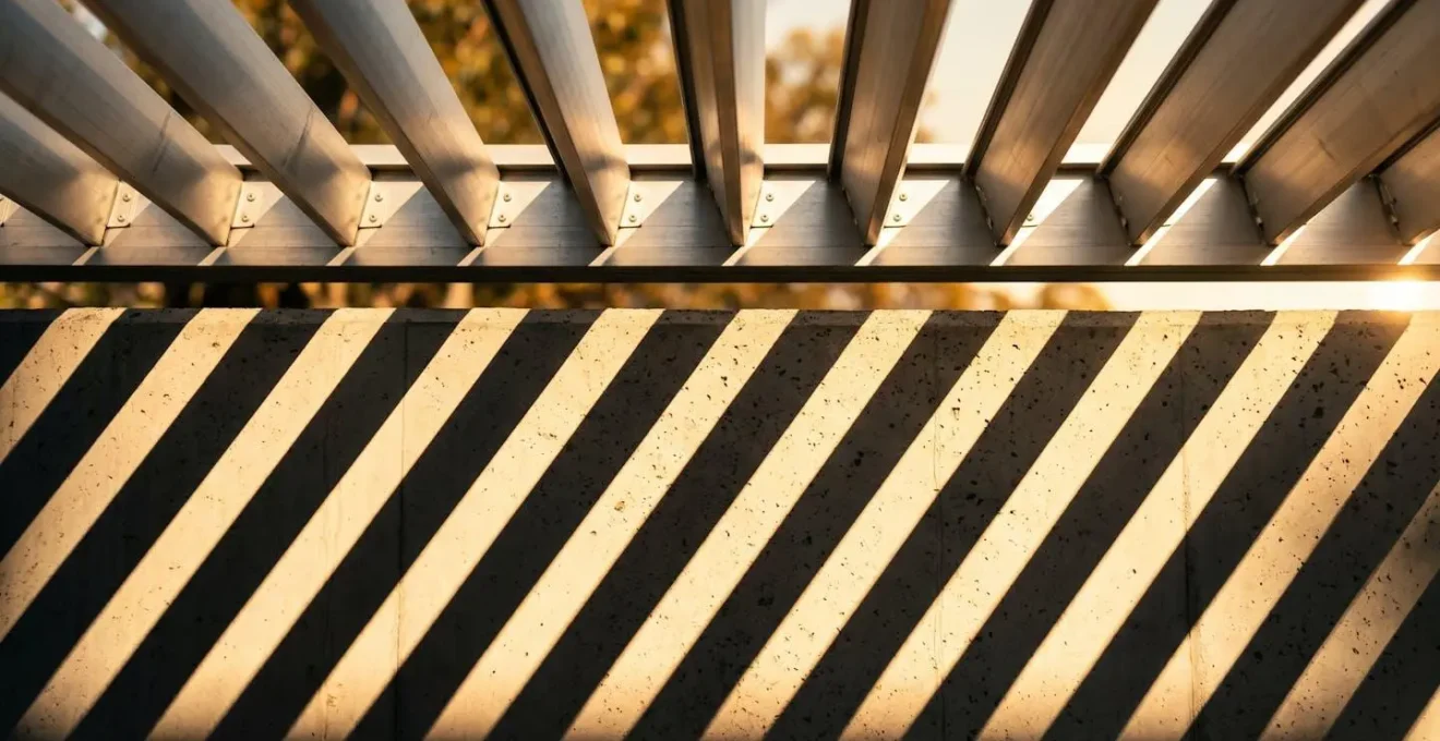 Abstract visualization of sun path angles and louver orientation effects on shade coverage throughout the day
