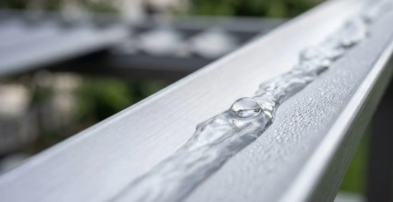 Close-up detail of water droplets flowing along aluminum pergola gutter system during rainfall