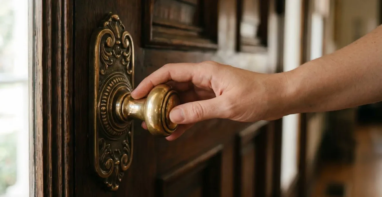 Beautifully restored Victorian brass door handle catching warm light with smooth patina and intricate period details