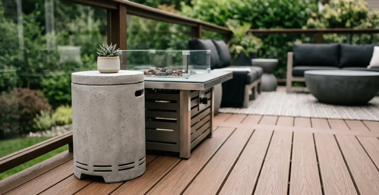 Elegant propane tank concealment solution integrated into composite deck design with ventilated enclosure