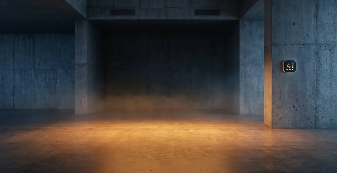 Conceptual representation of warm radiant heat rising from concrete floor with glowing amber tones