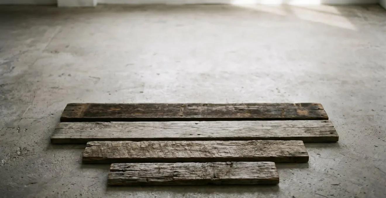 Environmental wide-angle photograph showing authentic reclaimed wood planks with natural weathered patina in minimal setting