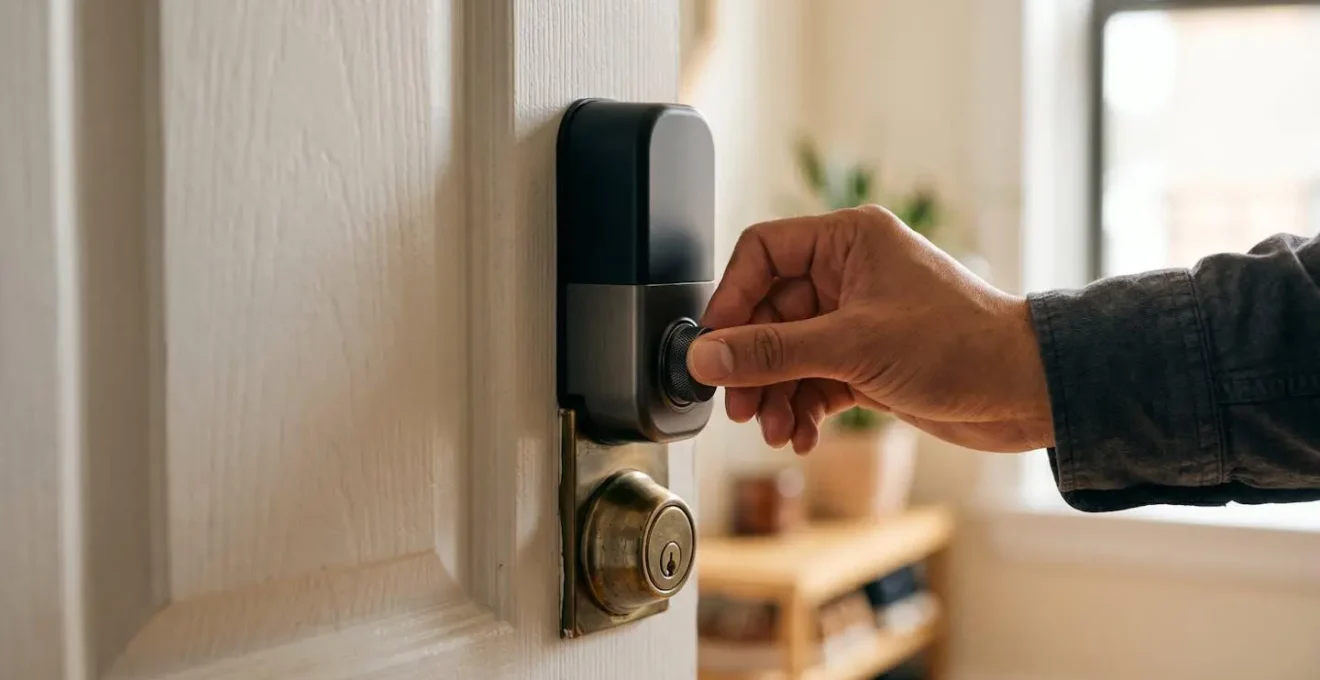Interior view of retrofit smart lock installed over existing deadbolt mechanism preserving original exterior hardware