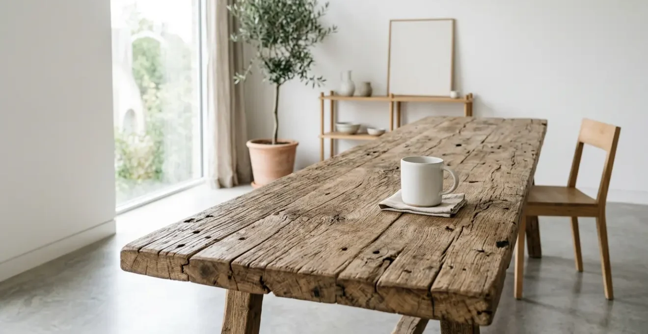 Close-up view of rustic reclaimed wood table surface showing natural grain and weathered texture