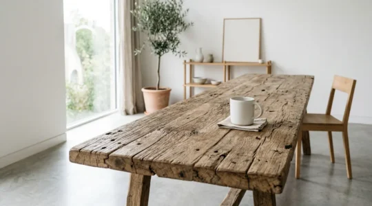 Close-up view of rustic reclaimed wood table surface showing natural grain and weathered texture