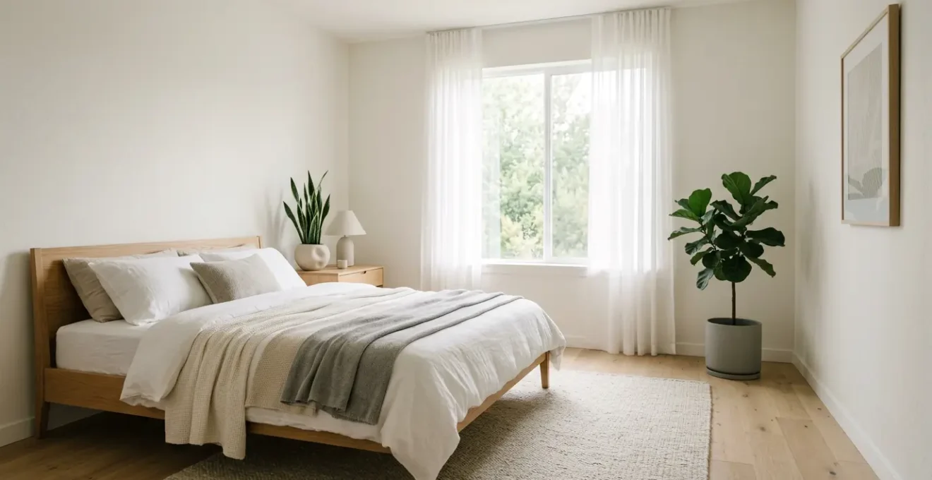 A serene Scandinavian bedroom with soft natural light streaming through sheer curtains, minimalist wooden furniture, and calming neutral tones creating a peaceful sleep environment