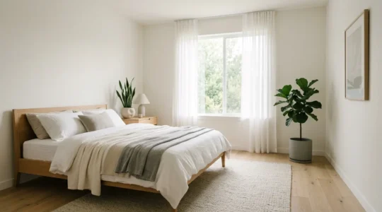 A serene Scandinavian bedroom with soft natural light streaming through sheer curtains, minimalist wooden furniture, and calming neutral tones creating a peaceful sleep environment