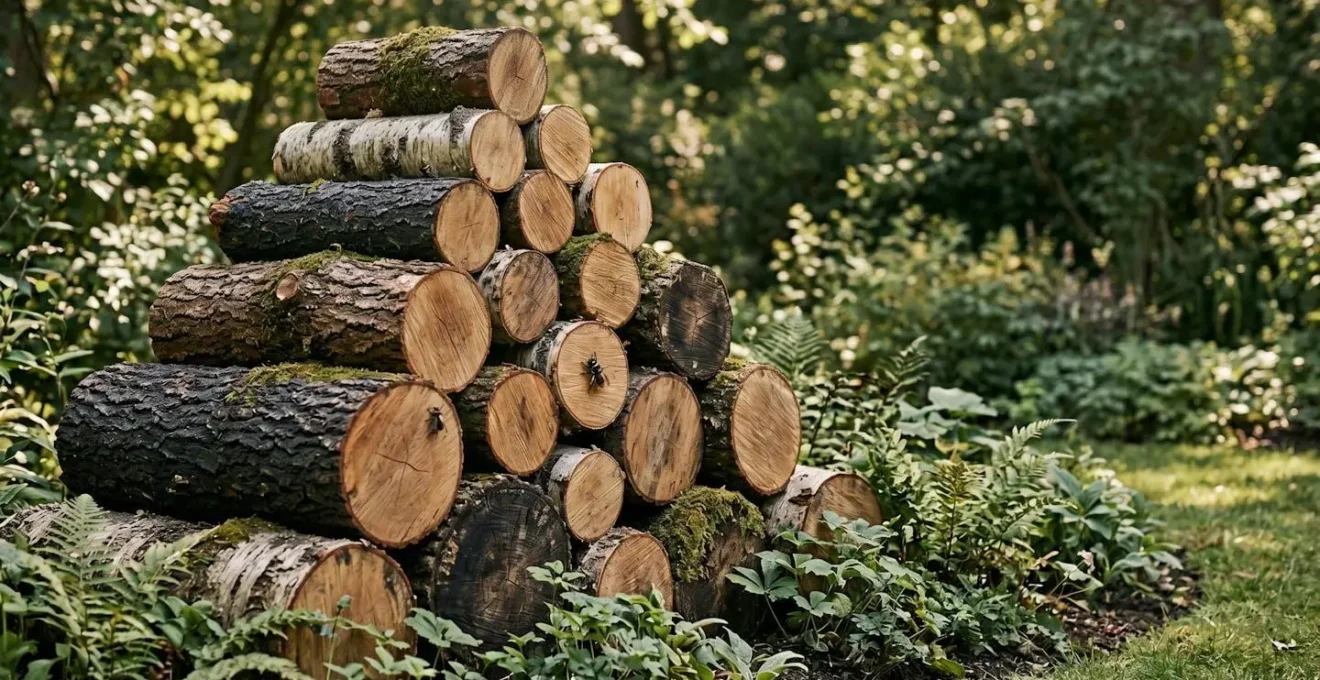 A stylish, intentionally designed log pile arranged as garden sculpture with visible textures and natural integration into planted border