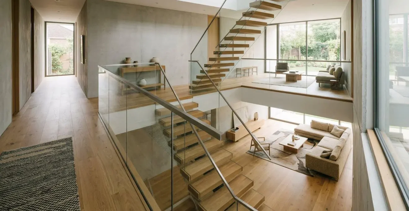 Modern two-story home interior showcasing seamless flow between rooms with cohesive design elements