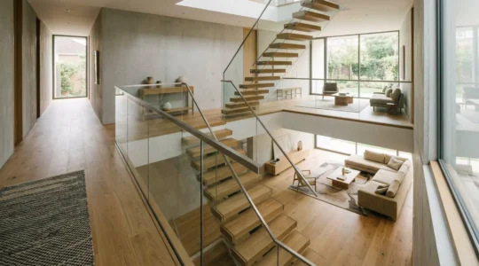 Modern two-story home interior showcasing seamless flow between rooms with cohesive design elements