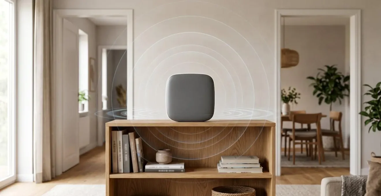 Smart home hub device positioned on open wooden shelf in central living space with wireless signal visualization