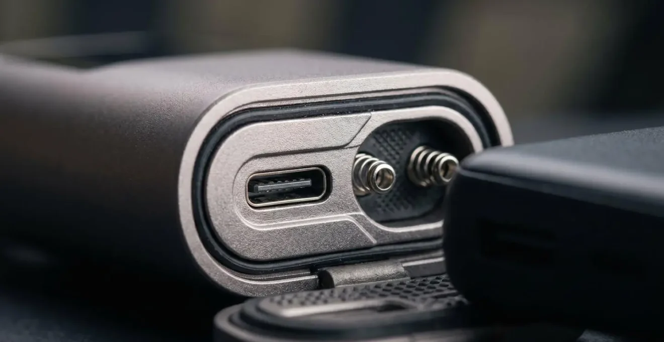 Close-up view of smart lock emergency power port with external battery backup connection