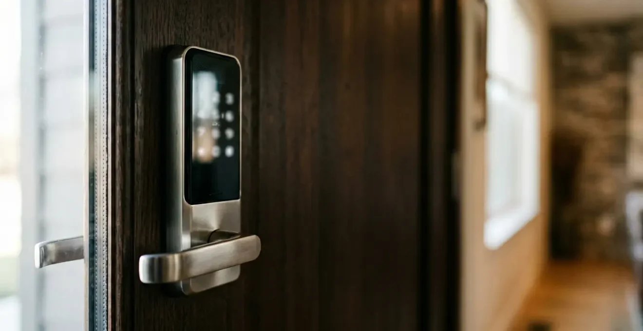 Modern smart lock on residential front door showing digital security interface and potential vulnerability points