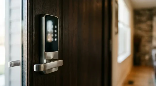 Modern smart lock on residential front door showing digital security interface and potential vulnerability points