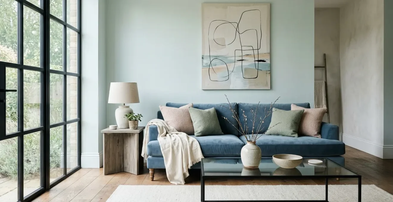 Sophisticated pastel living room with coastal-inspired design featuring soft blues, black accents, and natural textures