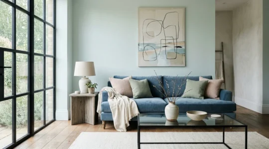 Sophisticated pastel living room with coastal-inspired design featuring soft blues, black accents, and natural textures