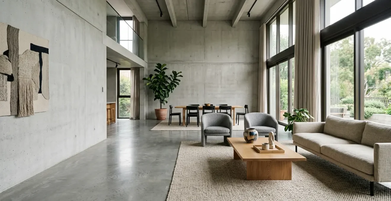 Modern open-plan living space with sound-absorbing elements and hard flooring showcasing acoustic solutions