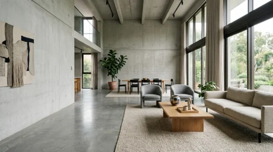 Modern open-plan living space with sound-absorbing elements and hard flooring showcasing acoustic solutions