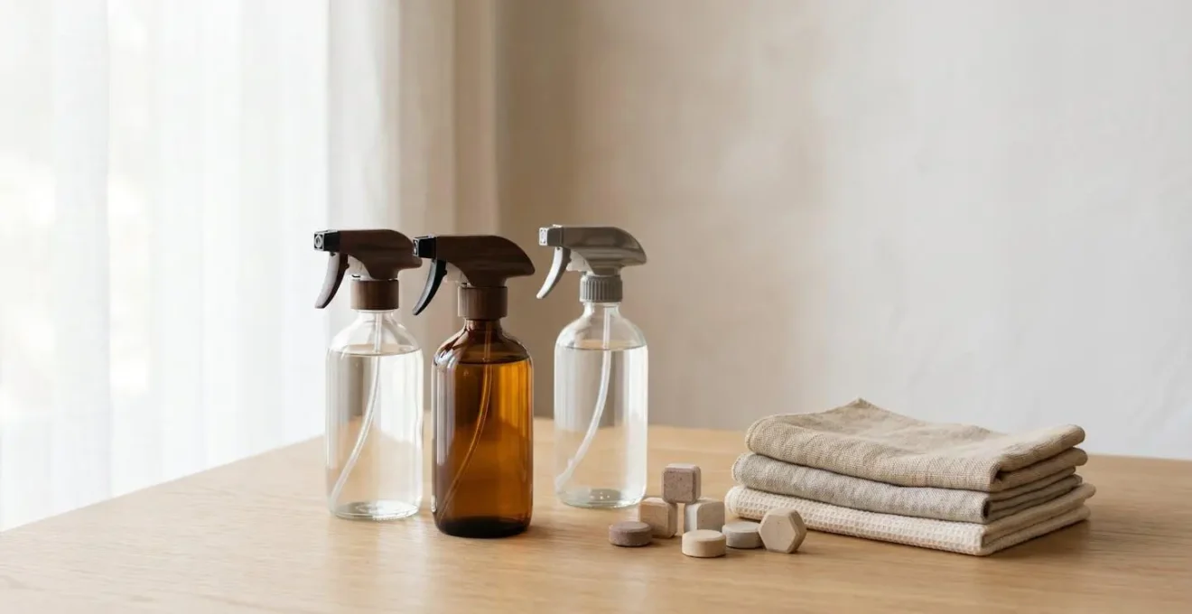 Wide minimalist composition showing reusable glass bottles and concentrated cleaning tablets on clean surface with negative space