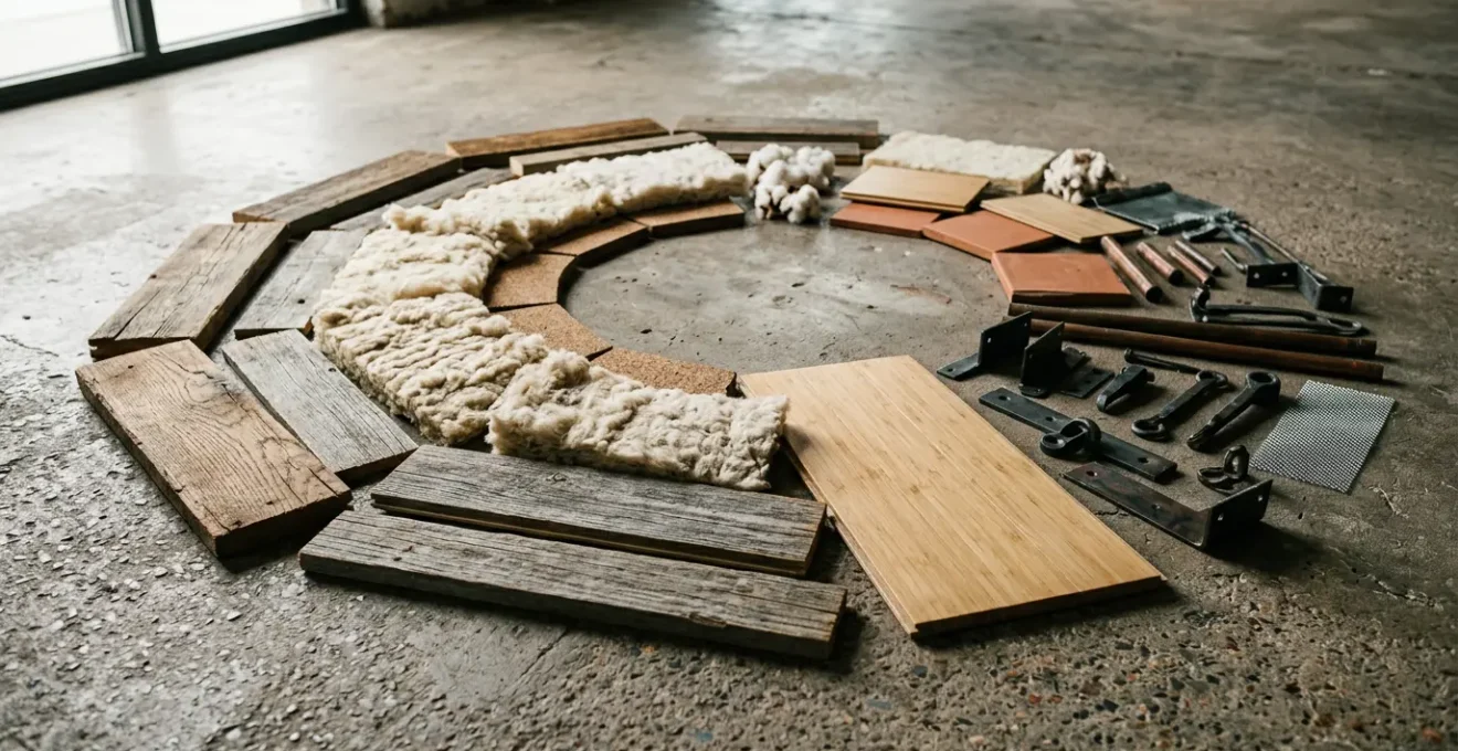 Professional editorial photograph showing sustainable home renovation materials and eco-friendly construction elements