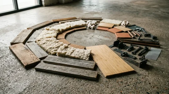 Professional editorial photograph showing sustainable home renovation materials and eco-friendly construction elements