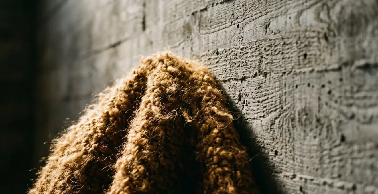 Close-up of textured wool textile draped against raw concrete wall with dramatic side lighting