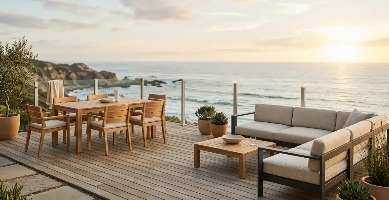 Coastal patio showcasing teak and aluminum outdoor furniture under natural lighting
